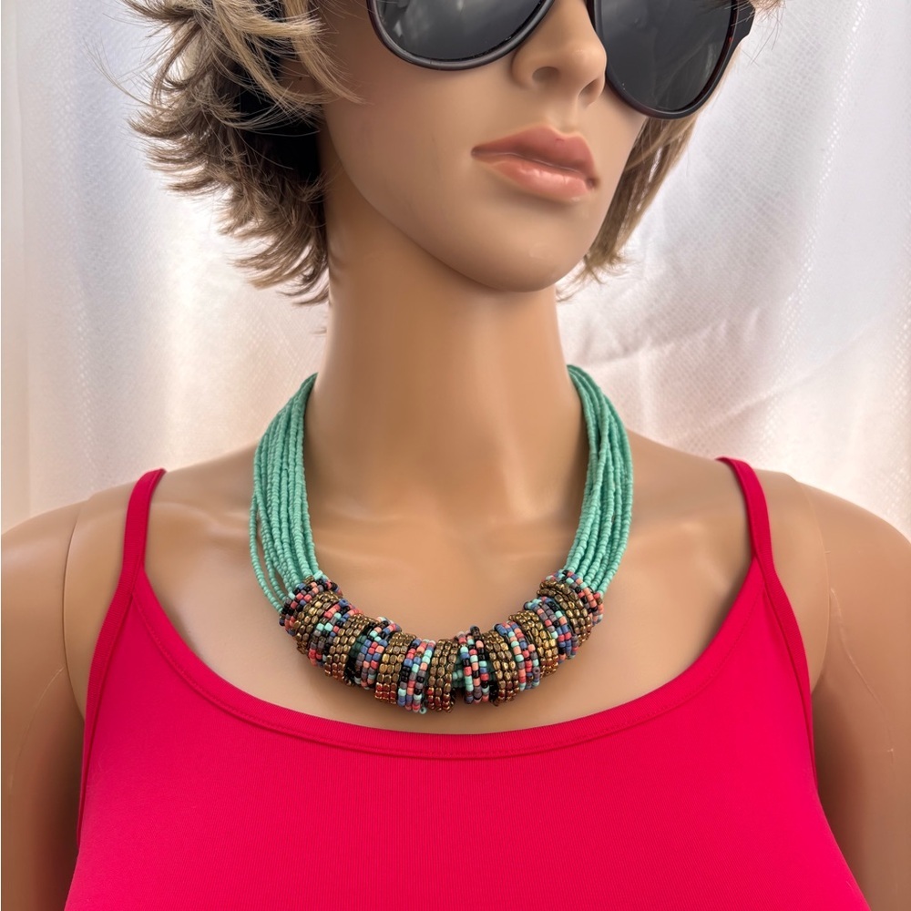 Boho Statement Necklace: Turquoise Beaded Multi-Strand Mosaic Bib - Picture 9 of 10